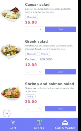 Mobile interface allowing visitors to view the menu and create orders, see the status of the orders and pay online
